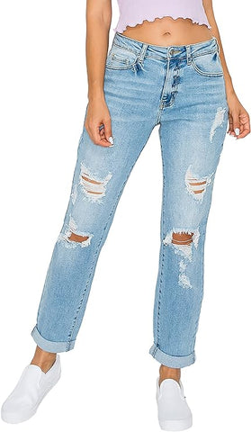 wax jean Women's Boyfriend Jeans with Destructed Blown Knee and Rolled Cuff